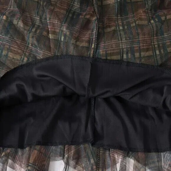 Coffee Mesh Frilly Plaid Pattern Skirt - Picture 3 of 8